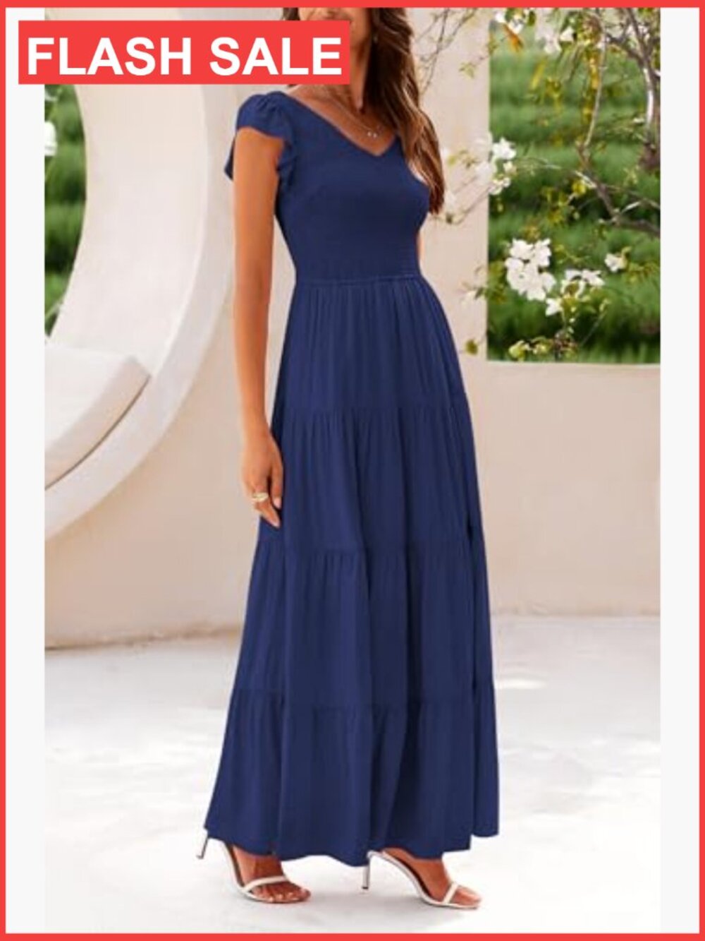 Women's Smocked Flowy Maxi Dress V-Neck Cap Sleeve A-Line Summer - Picture 4 of 7